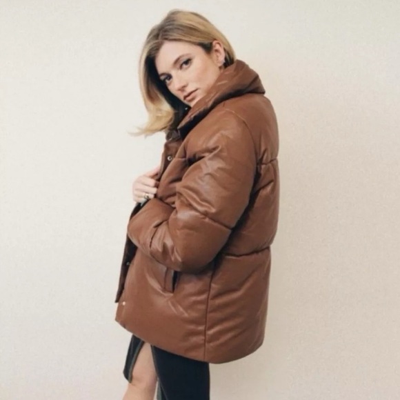 Avec Les Filles Jackets & Blazers - Avec Les Filles brown oversized vegan leather puffer jacket Size: XS